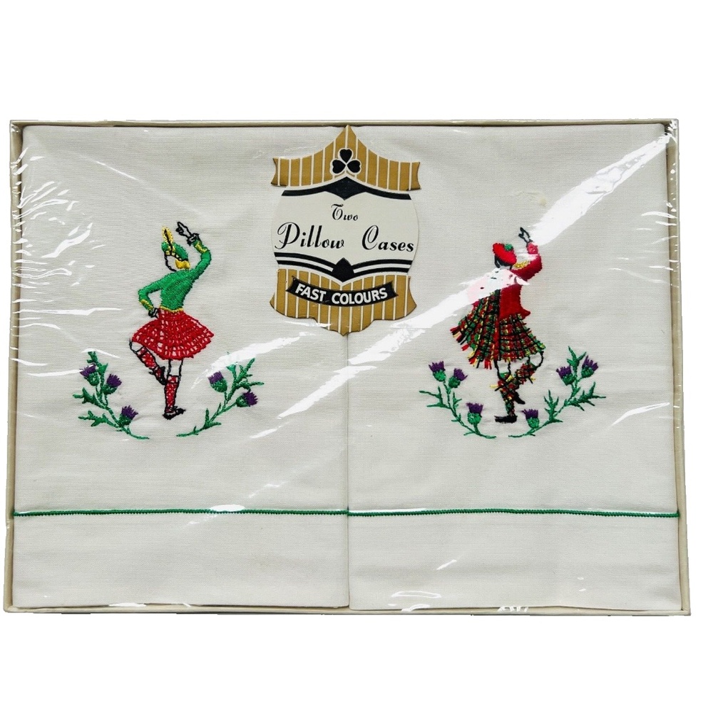 Vintage Pillowcase Set Boxed Embroidered Highland Dancers Standard New Red Green
